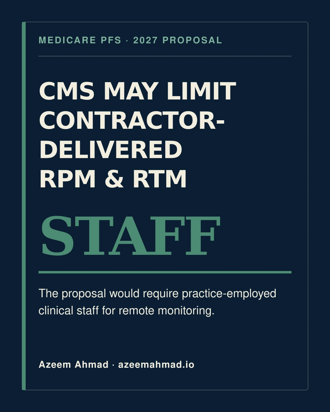 Navy and green editorial graphic reading CMS may limit contractor-delivered RPM and RTM, with staff emphasized.